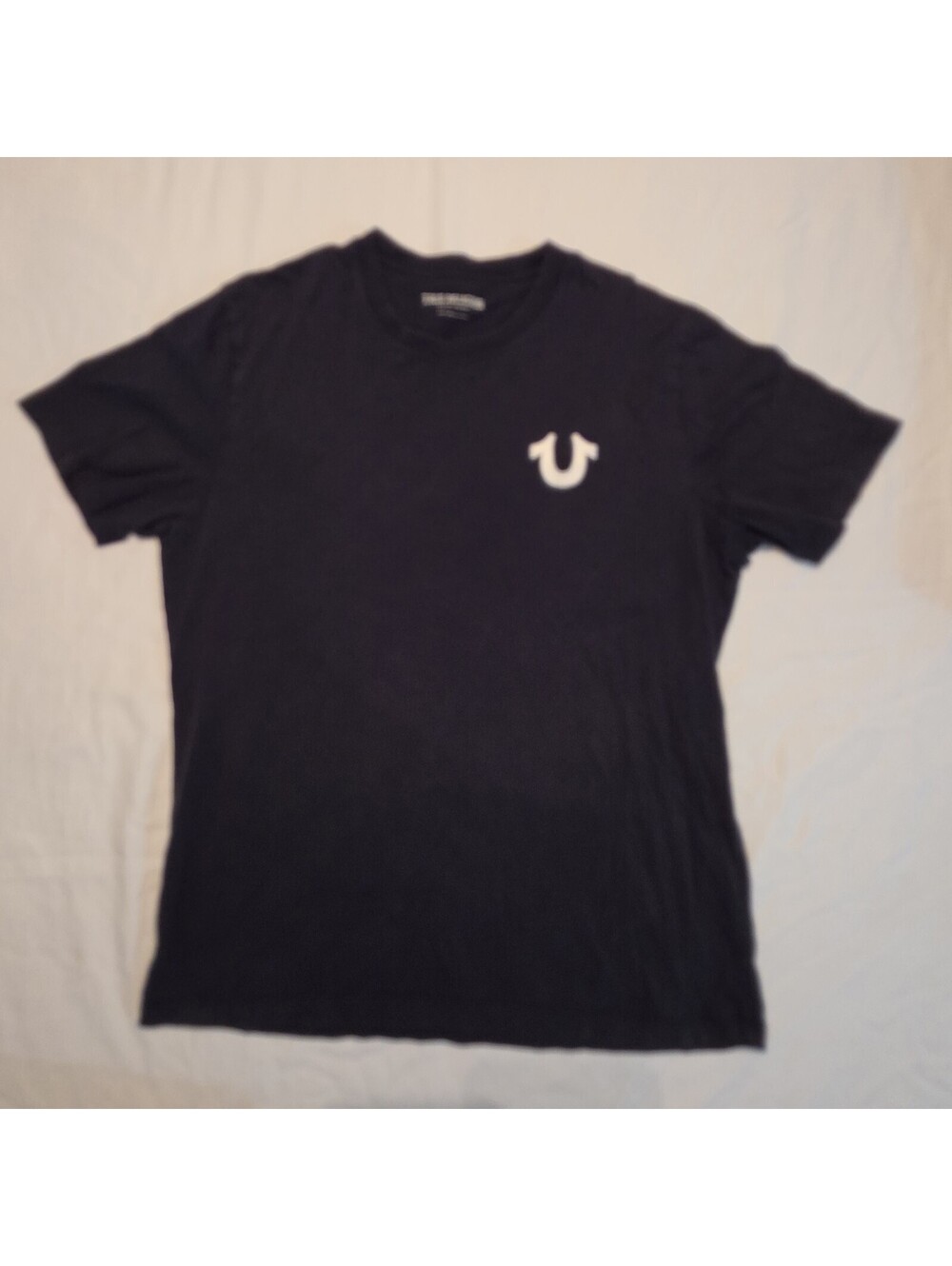 True Religion Mens Large Black T Shirt White Horseshoe Logo Embroidered Tee